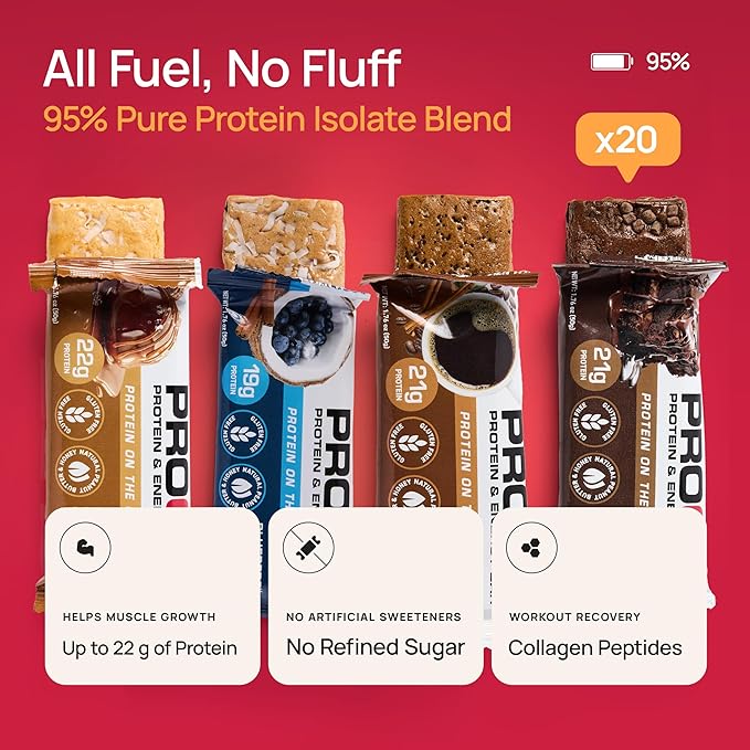 ProGo Protein Bars, Low Sugar, High Protein Snacks (Up to 22g) - 95% Pure Isolate for Faster Muscle