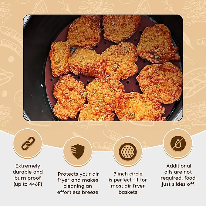 Reusable Round Silicone Air Fryer Liners (9 Inch, 3 Pack) by Linda’s Essentials - Non-Stick