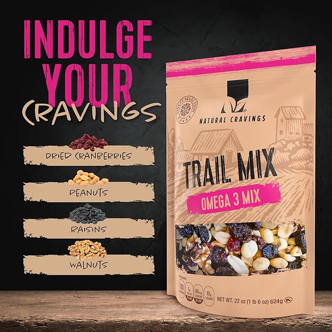 Natural Cravings 22oz Trail Mix Bulk Family Size Bag - Omega 3 Dried Fruit Mix & Assorted Nuts Mix