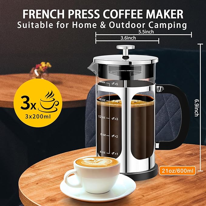 French Press Coffee Maker (21oz 600ML 3-4Cup) Coffee Press, with 4 Filters System, Heat Resistant