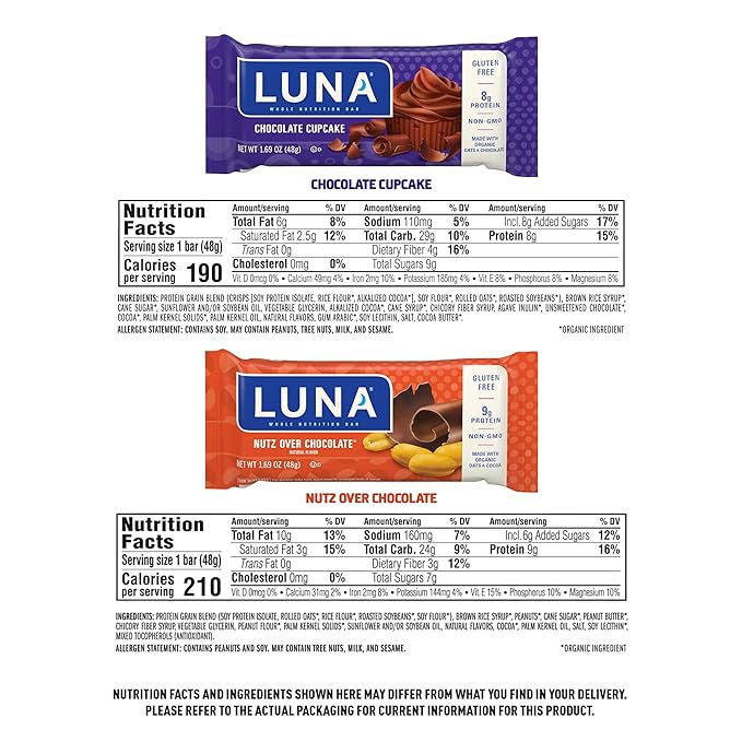 Luna Bar - Variety Pack - Nutz Over Chocolate and Chocolate Cupcake Flavor - Gluten Free Snack Bars