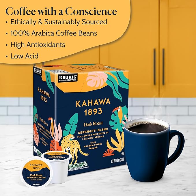 Kahawa 1893 Dark Roast Coffee K-Cup Pods Serengeti Blend (20 Count) - As Seen on Shark Tank, Low