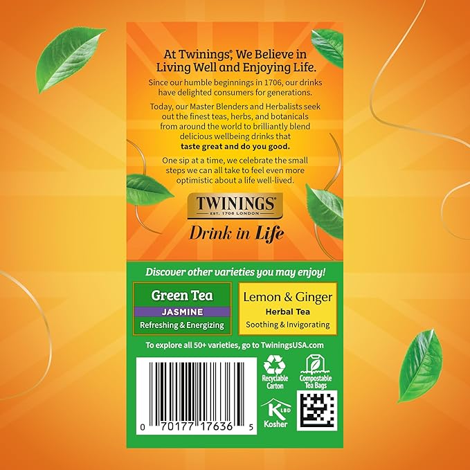 Twinings Pure Green Tea Individually Wrapped Bags, 20 Count (Pack of 6), Smooth Flavour, Enticing