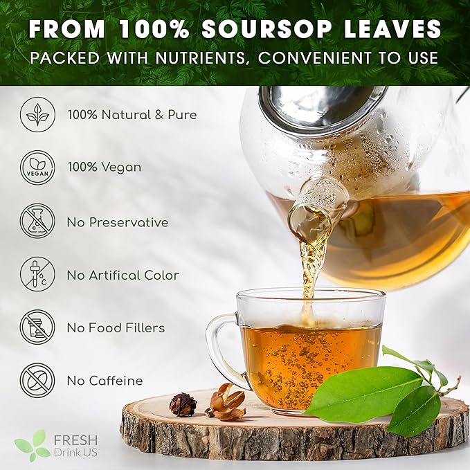 FreshDrinkUS, 60 Premium - The Top Soursop Graviola Leaf Tea Bags, 100% Pure & Natural from Soursop