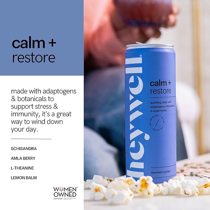 Heywell Sparkling Adaptogenic Water Calm and Restore, Blackberry Ginger Flavor 12 Fluid Ounce (Pack