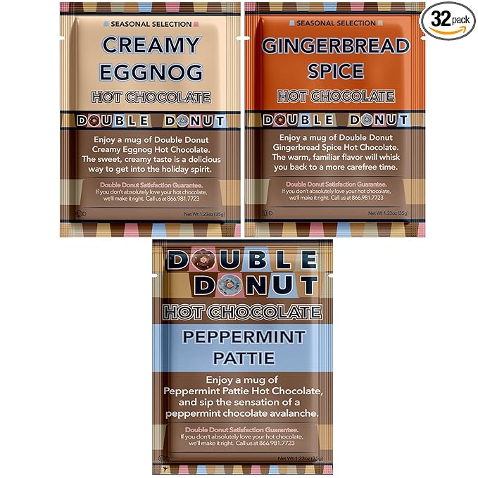 Double Donut Holiday Hot Chocolate Packets Variety Pack, 32 Count Seasonal Flavored Hot Cocoa