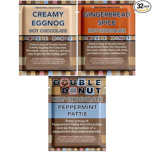 Double Donut Holiday Hot Chocolate Packets Variety Pack, 32 Count Seasonal Flavored Hot Cocoa