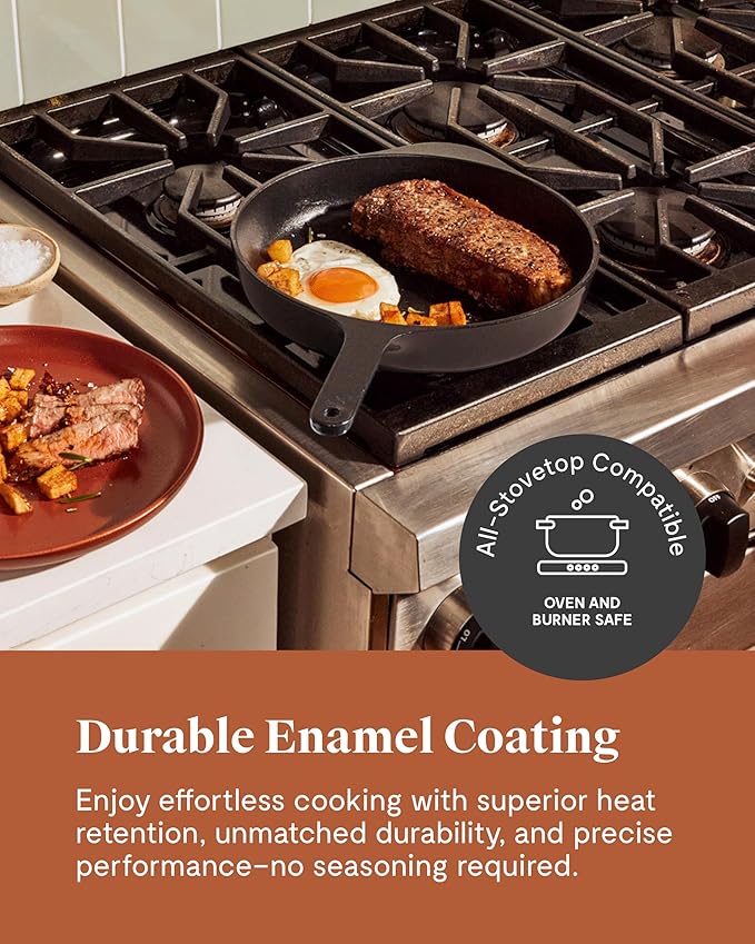 Caraway Cast Iron Skillet - 10.5” Enameled Cast Iron Pan With 3 Layer Enamel Coating - No Seasoning