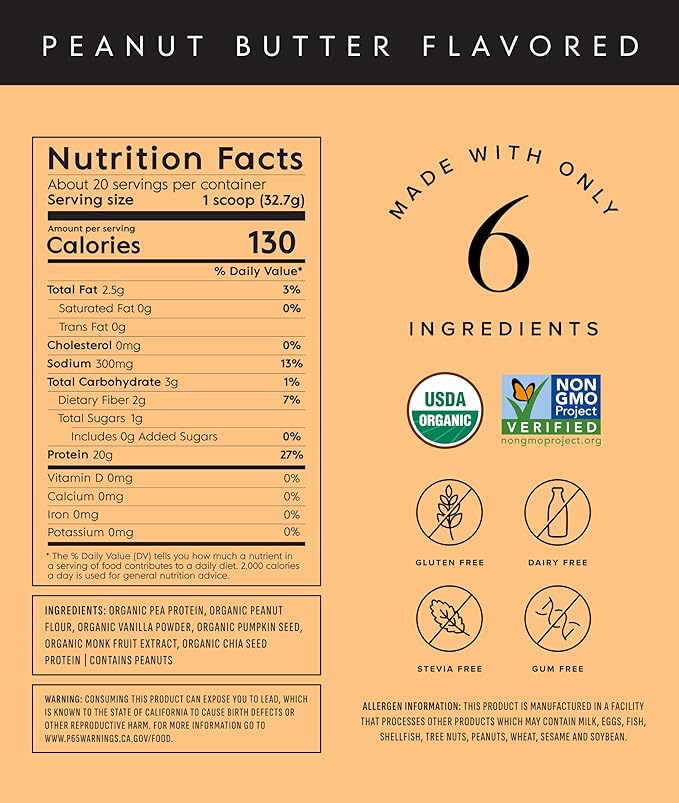 Truvani Vegan Pea Protein Powder | Peanut Butter | 20g Organic Plant Based Protein | 20 Servings |