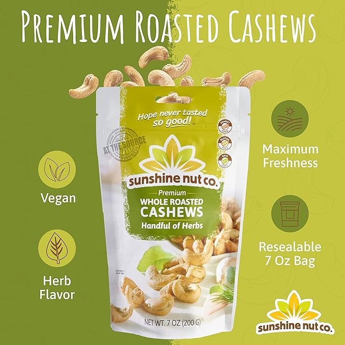 Sunshine Nut Company Whole Roasted Lightly Salted Cashews, Handful of Herbs Flavor, 6 Pack, 7 oz.