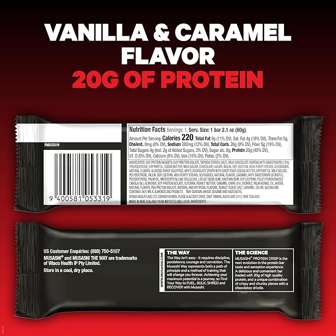 MUSASHI Protein Crisp Bar, 20g Protein, 4g Total Sugars, Vanilla & Caramel, Post Workout and Snack
