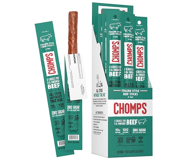 CHOMPS Grass Fed Italian Style Beef Jerky Snack Sticks, Keto, Whole30, Paleo, Gluten Free, Sugar