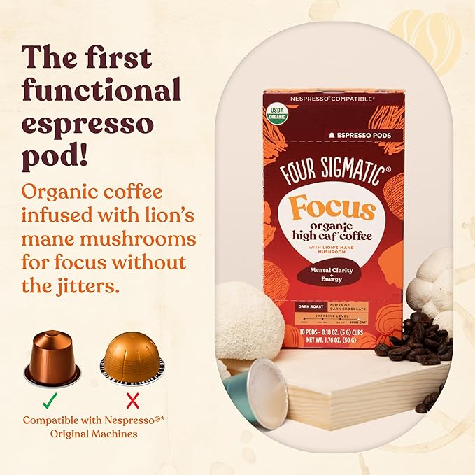 Four Sigmatic Focus High Caffeine Coffee Pods Compatible with Nespresso Original | Organic Dark