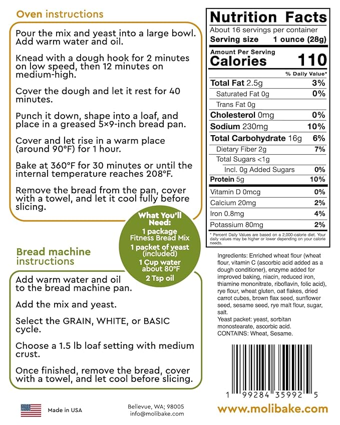 Molibake Fitness Bread Mix ??All-Natural High-Fiber Bread Mix for Bread Machine and Oven ??15 oz