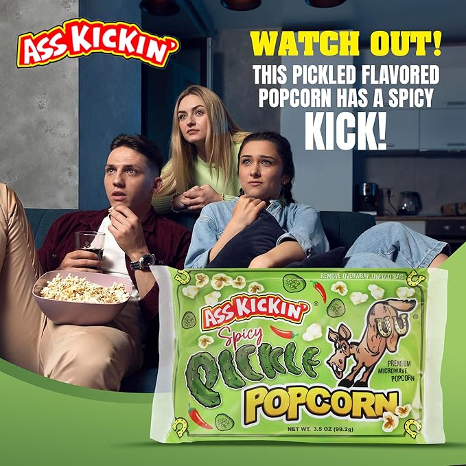 ASS KICKIN' Spicy Pickle Microwave Popcorn Bags - 12 Pack - Ultimate Spicy Pickle Gourmet Popcorn