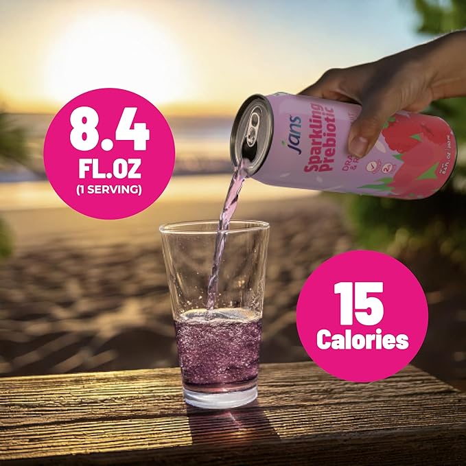 Jans Sparkling Prebiotic Soda Beverage ??Dragonfruit & Raspberry 8.4 Fl Oz (6-Pack) ??Low Calorie