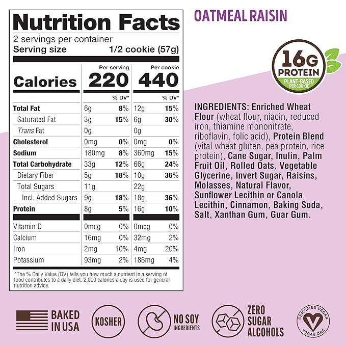 Lenny & Larry's The Complete Cookie, Oatmeal Raisin, 16g Plant Protein, Vegan, Non-GMO, 4 Ounce
