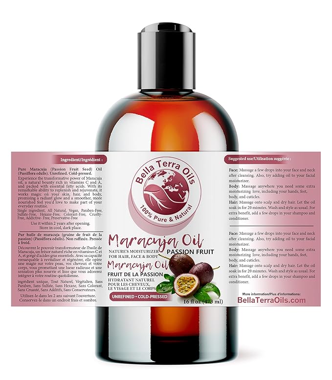 Bella Terra Oils - Maracuja Seed Oil 16oz - Cold-Pressed Purity from Passion Fruit Seeds, Infused