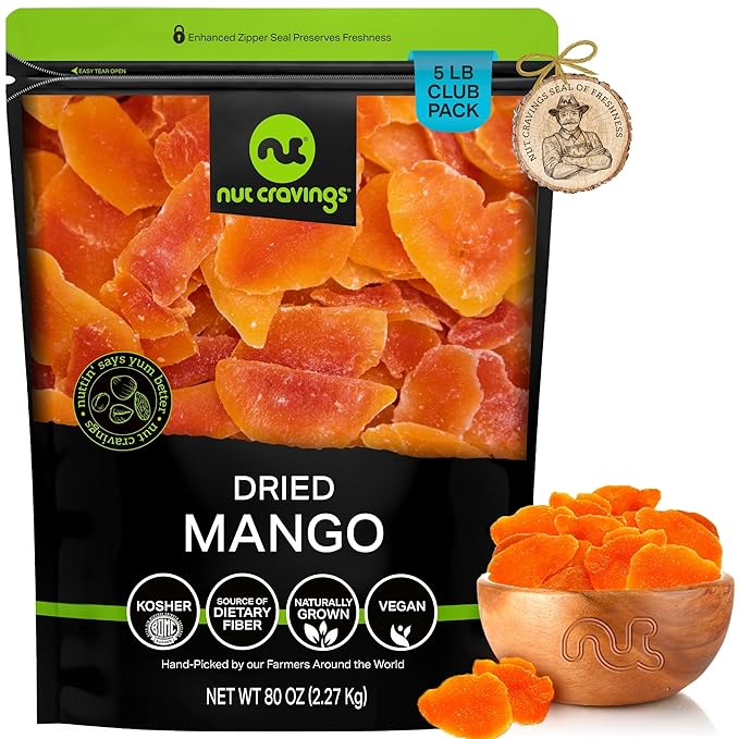 NUT CRAVINGS - Sun Dried Mango Slices, Lightly Sweetened (80oz, 5 LB) Bulk Dry Fruits Packed Fresh
