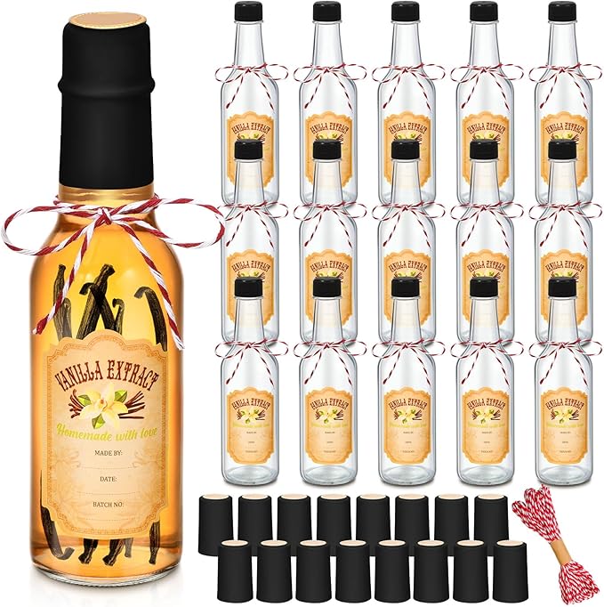 Tioncy 16 Pcs Vanilla Extract Bottles for Homemade Vanilla Jar Glass Bottle with Cap, Shrink Band