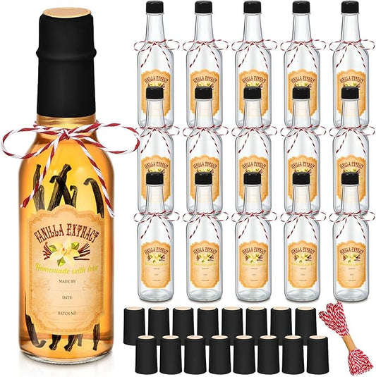 Tioncy 16 Pcs Vanilla Extract Bottles for Homemade Vanilla Jar Glass Bottle with Cap, Shrink Band