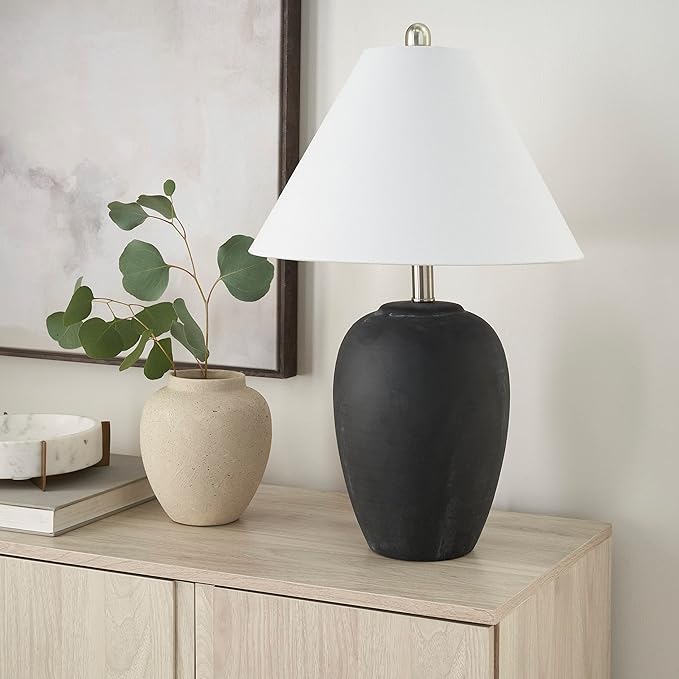 Nourison Home 23" Black Vintage Distressed Ceramic Pot Table Lamp for Bedroom, Living Room, End