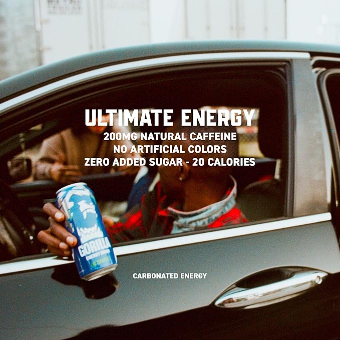 Gorilla Energy Original Energy Drink, Zero Sugar & 200mg Natural Caffeine, L-Theanine, Taurine