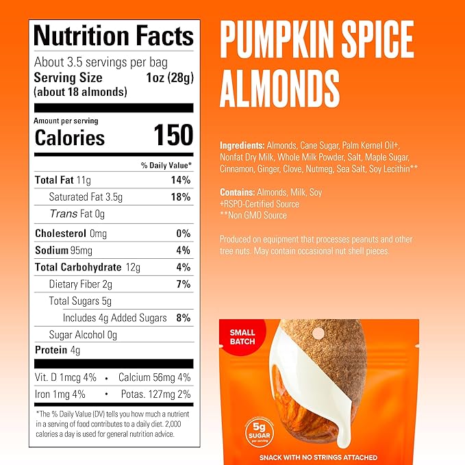SkinnyDipped Pumpkin Spice Almonds, Healthy Snack, Plant Protein, Gluten Free, 3.5 oz Resealable