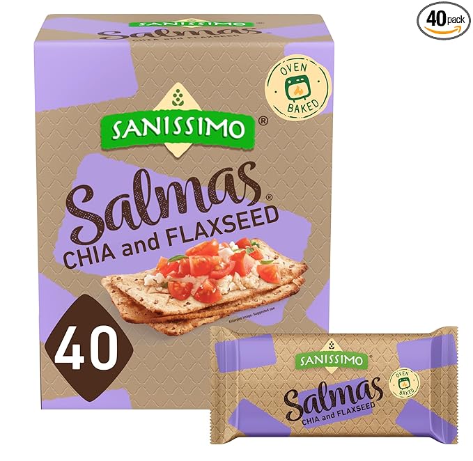 Sanissimo Salmas Chia & Flaxseed, 40 Packs of 3 Crackers, Oven Baked Corn Crackers, Gluten Free