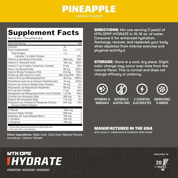 MTN OPS Hydrate Electrolytes Powder Drink Mix, 20 Single Serving On-The-Go Electrolyte Packs with