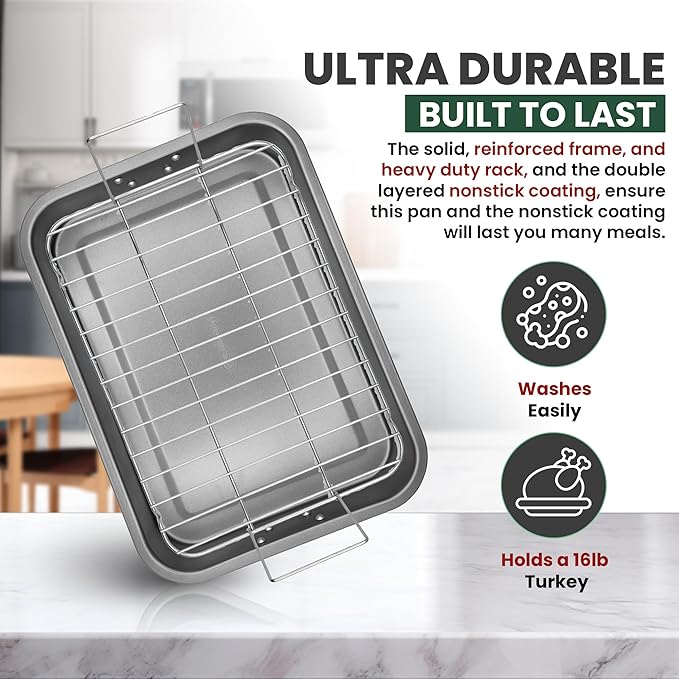 Large Roasting Pan With Rack 12” X 16” - Non Stick Large Roaster Pan and Flat Rack With Foldable