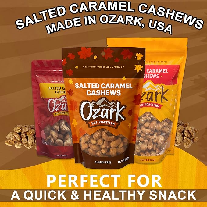 OZARK NUT ROASTERS Salted Caramel Cashews, Gourmet Candied Nuts Snack, Gluten-Free, Sea Salt &