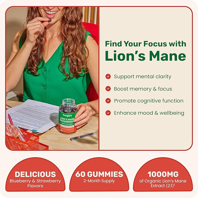 Fungies Lion's Mane Mushroom Gummies, Mixed Blueberry & Strawberry Flavor - Mushroom Supplement