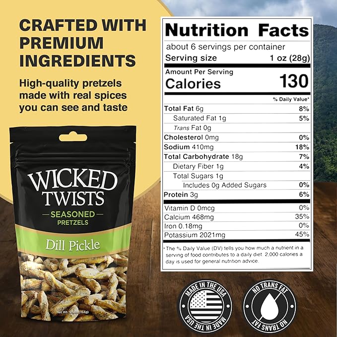 Wicked Twists Dill Pickle Seasoned Pretzels Twists 5.5 oz (1 Pack) Snack Pretzel Sticks Rods, Bold