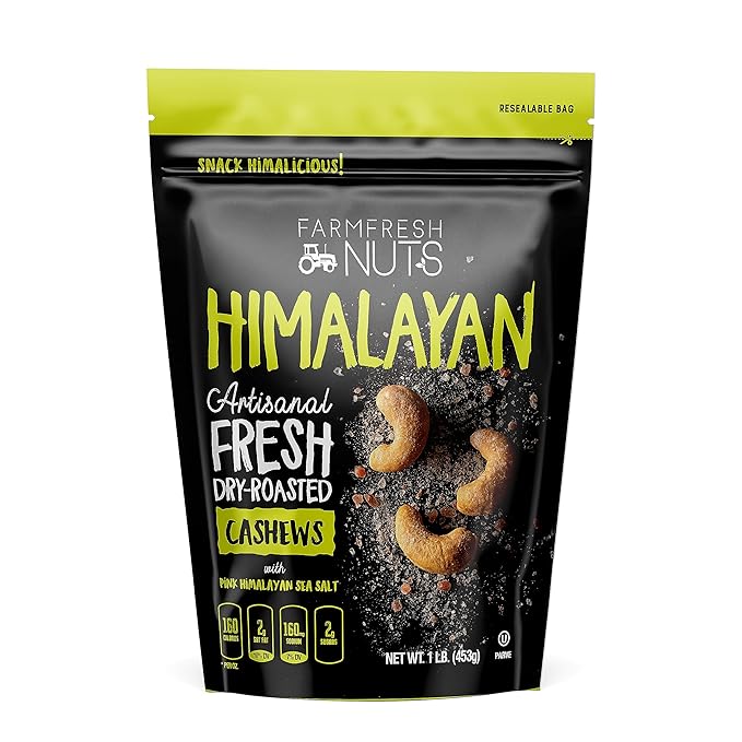 Dry Roasted Cashews Himalayan Salted (1 Lb.) - Baked in Small Batches for Added Freshness - Oven