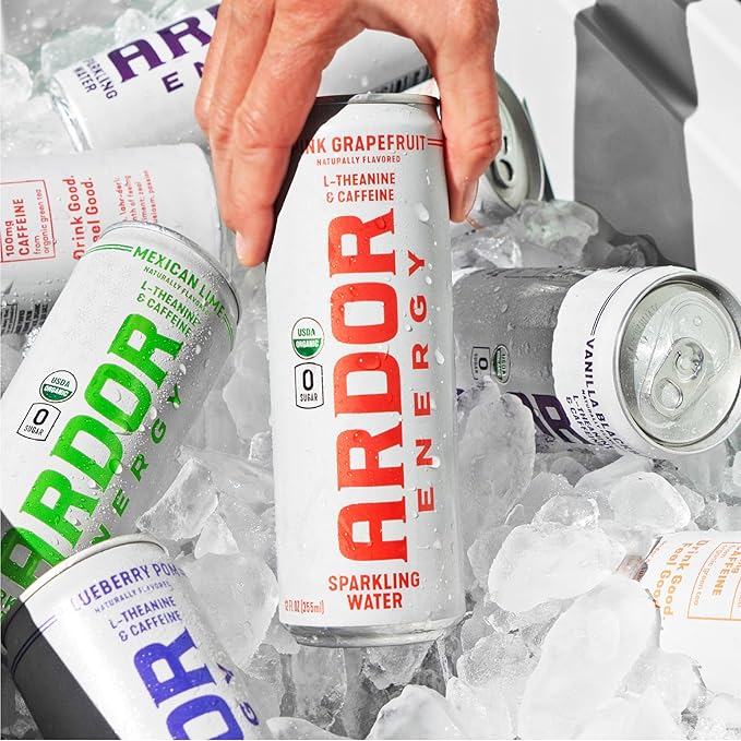 ARDOR ENERGY Sparkling Water with 100mg Natural Caffeine & 200mg L-Theanine from Organic Green Tea