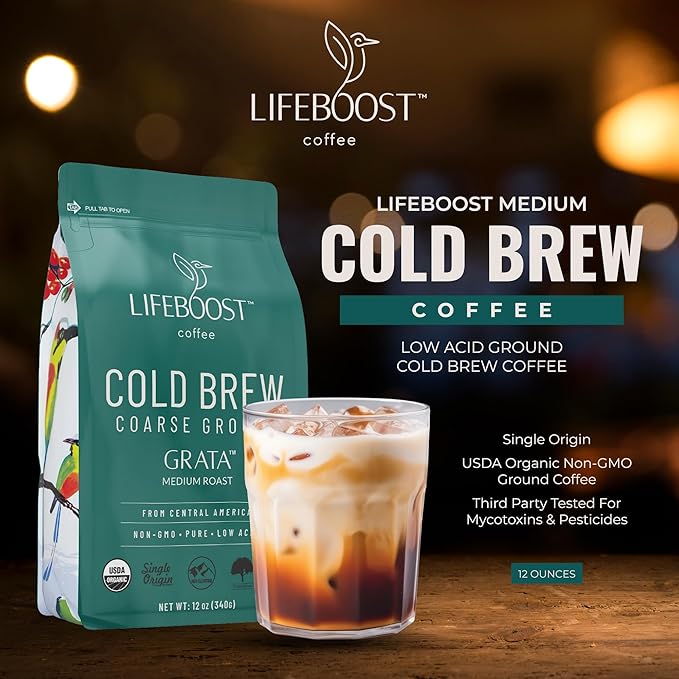 Lifeboost Low Acid Cold Brew Coffee – Organic Coarse Ground Medium Roast for Cold Brew – Single