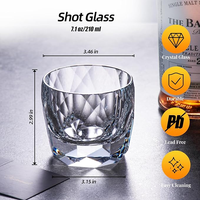 KAMMAK Crystal Whiskey Glasses Set of 2, 7.1oz Old Fashioned Glasses Stemless, Hand Blown White