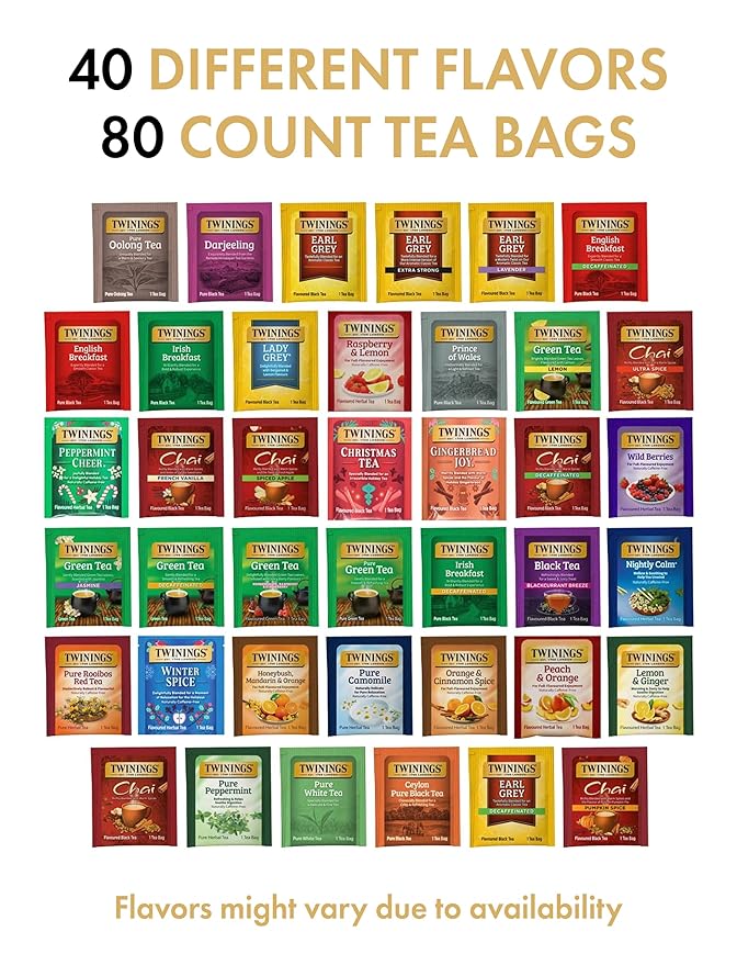 Twinings Tea Bag Sampler Assortment, Variety Pack (80 Count), 40 Unique Flavors for Tea Lovers: