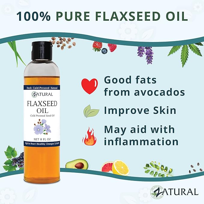 Zatural Flaxseed Oil Naturally Grown 100% Pure Flax Seeds Cold Pressed Vegan Omega Fatty Acids (8oz)