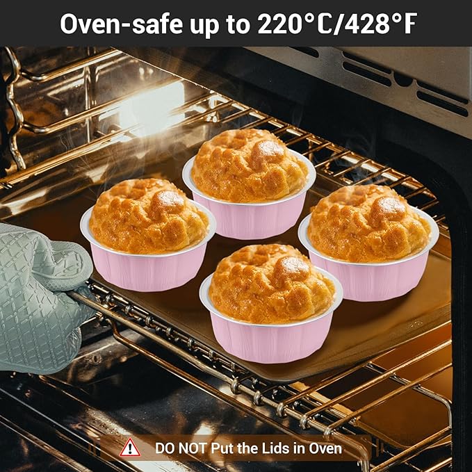 EUSOAR Disposable Muffin Tins, 100pcs 9oz Pink Aluminum Foil Pans with Lids, Cake Container Cups