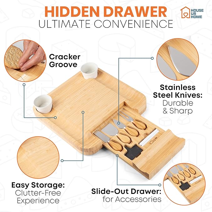 Large Bamboo Charcuterie Boards Gift Set with Hidden Drawer, Side Fruit Tray, Cheese Knife Set