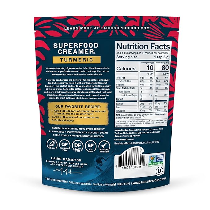 Laird Superfood Non-Dairy Original Superfood Turmeric Coconut Powder Coffee Creamer, Gluten Free