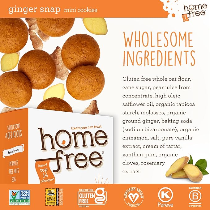 Homefree Mini Ginger Snap Cookies, Gluten Free, Nut Free, Vegan, School Safe and Allergy Friendly