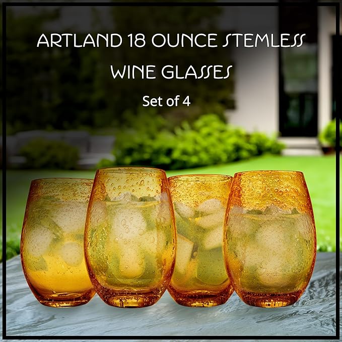 Artland Stemless Wine Glass, Set of 4 | Iris Seeded Design, Amber | Drinking Glass for Parties and