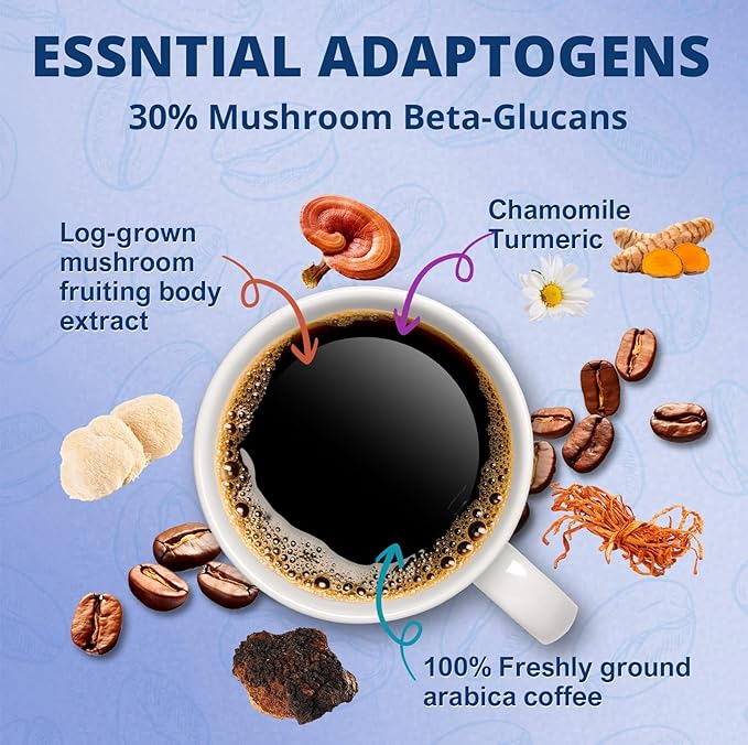 Relaxing Decaf Mushroom Coffee Blend with Reishi, Chamomile & Turmeric - 30% Beta-Glucans, MCT