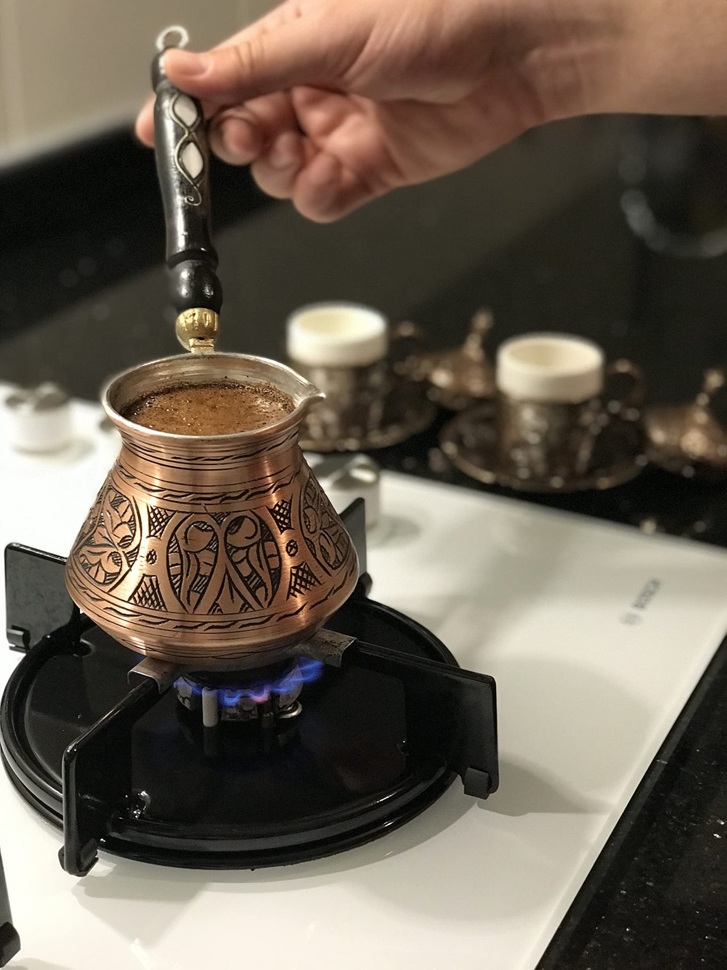 BCS 18 oz Handmade Copper Turkish Coffee Pot, Hand-Engraved Cezve & Spoon