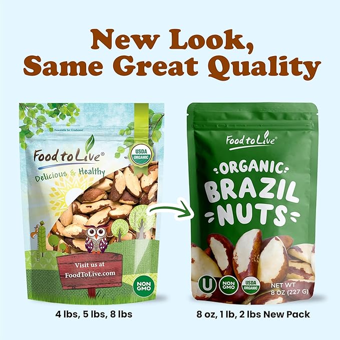 Food to Live Organic Brazil Nuts, 5 Pounds Non-GMO, Raw, Whole, No Shell, Unsalted, Kosher, Vegan