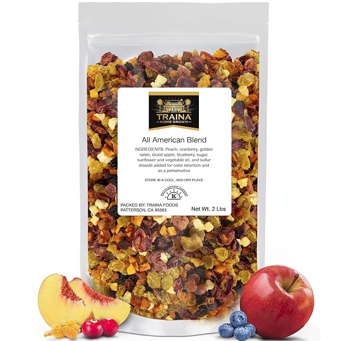 Traina Home Grown All American Sun Dried Fruit Blend - Diced Peaches, Cranberries, Blueberries