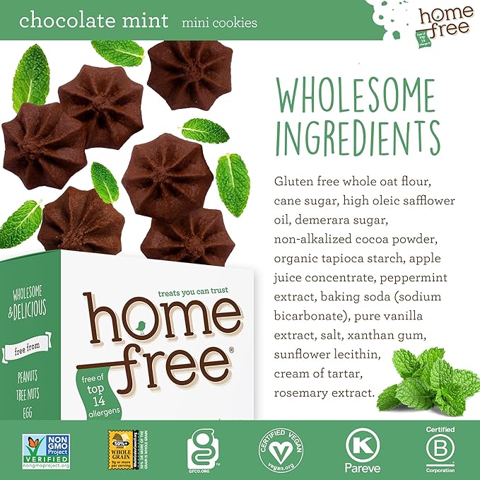 Homefree Chocolate Mint Mini Cookies, Gluten Free, Nut Free, Vegan, School Safe, and Allergy